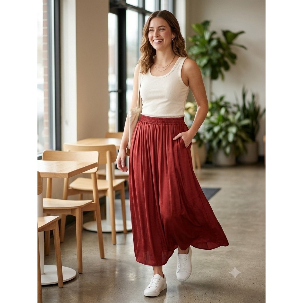 NWT Worthington Maxi Skirt Womens Large L Rustic Red Pleated Elastic Waist...